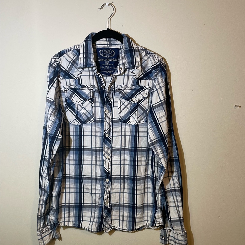 GPH Supply Company USA Men’s Western Pearl button Small Shirt Blue White Plaid‎